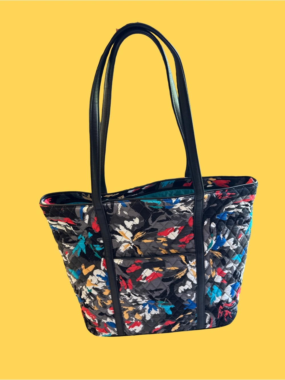 Vera Bradley Black Quilted Floral Tote with Red, Blue & Yellow Accents